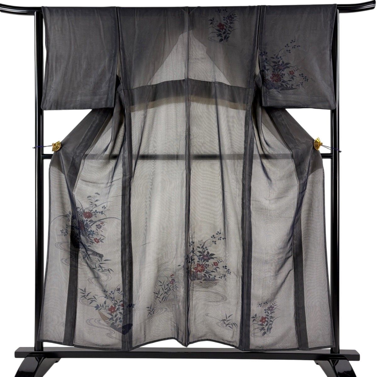 付下げ 身丈155cm 裄丈65cm M 紗絽袷 花扇 流水 銀彩 黒灰 正絹 名品 【中古】