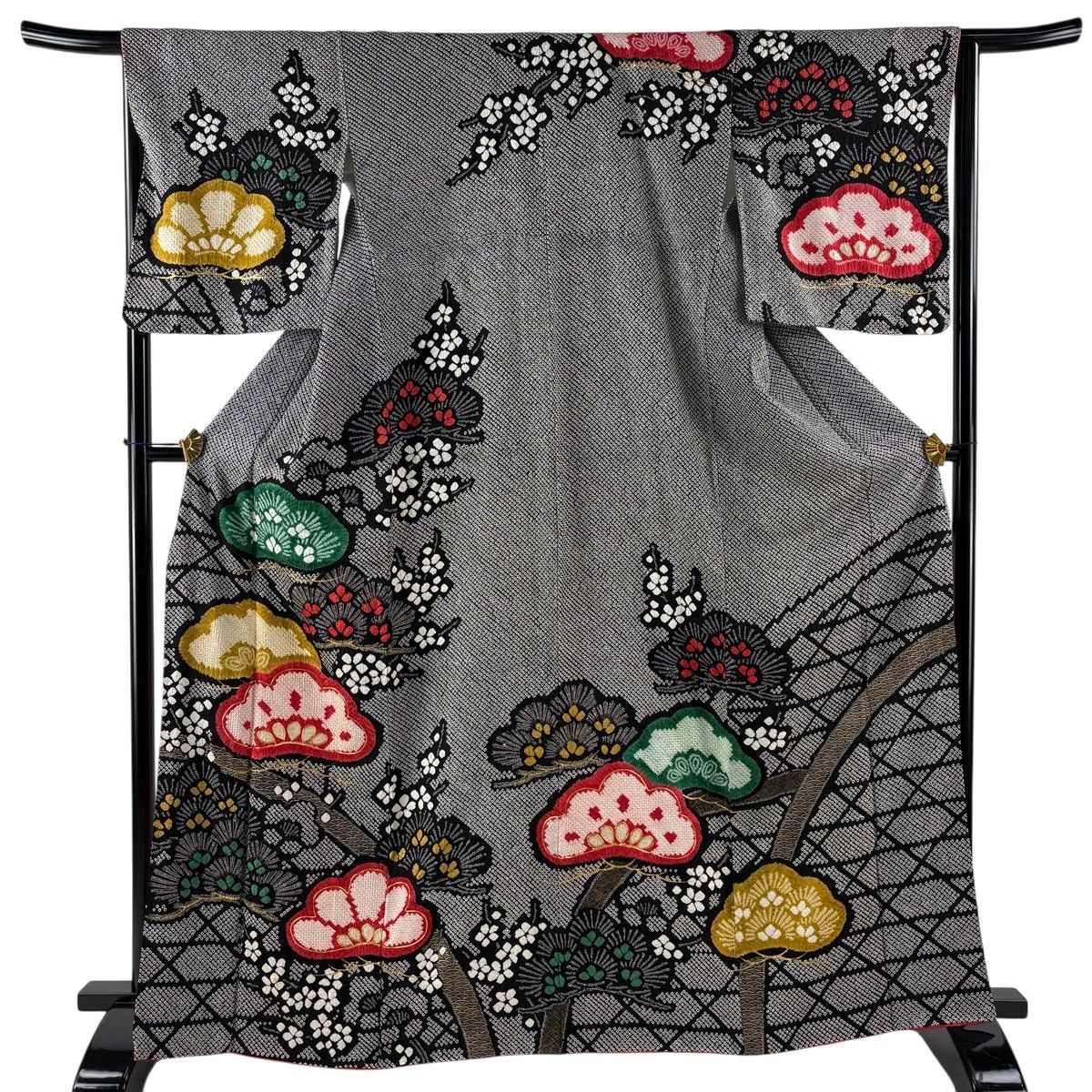 訪問着 身丈167cm 裄丈65cm M 袷 笠松 花 金糸 絞り 黒 正絹 名品 【中古】