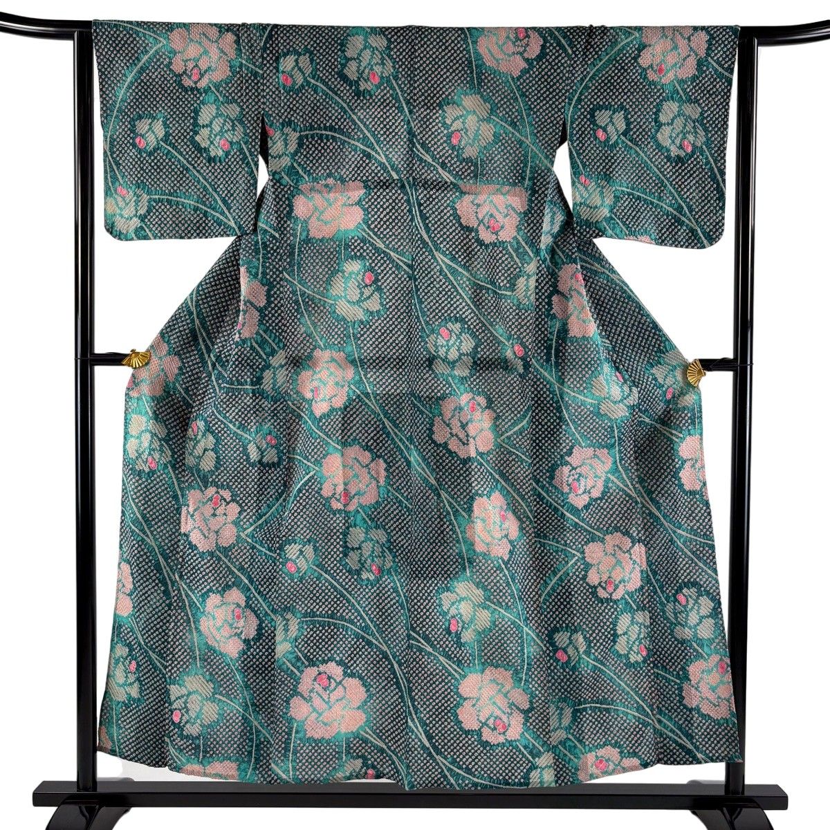 浴衣 身丈153.5cm 裄丈63.5cm S 絞り浴衣 草花 灰緑 綿 名品 【中古】 15,260円