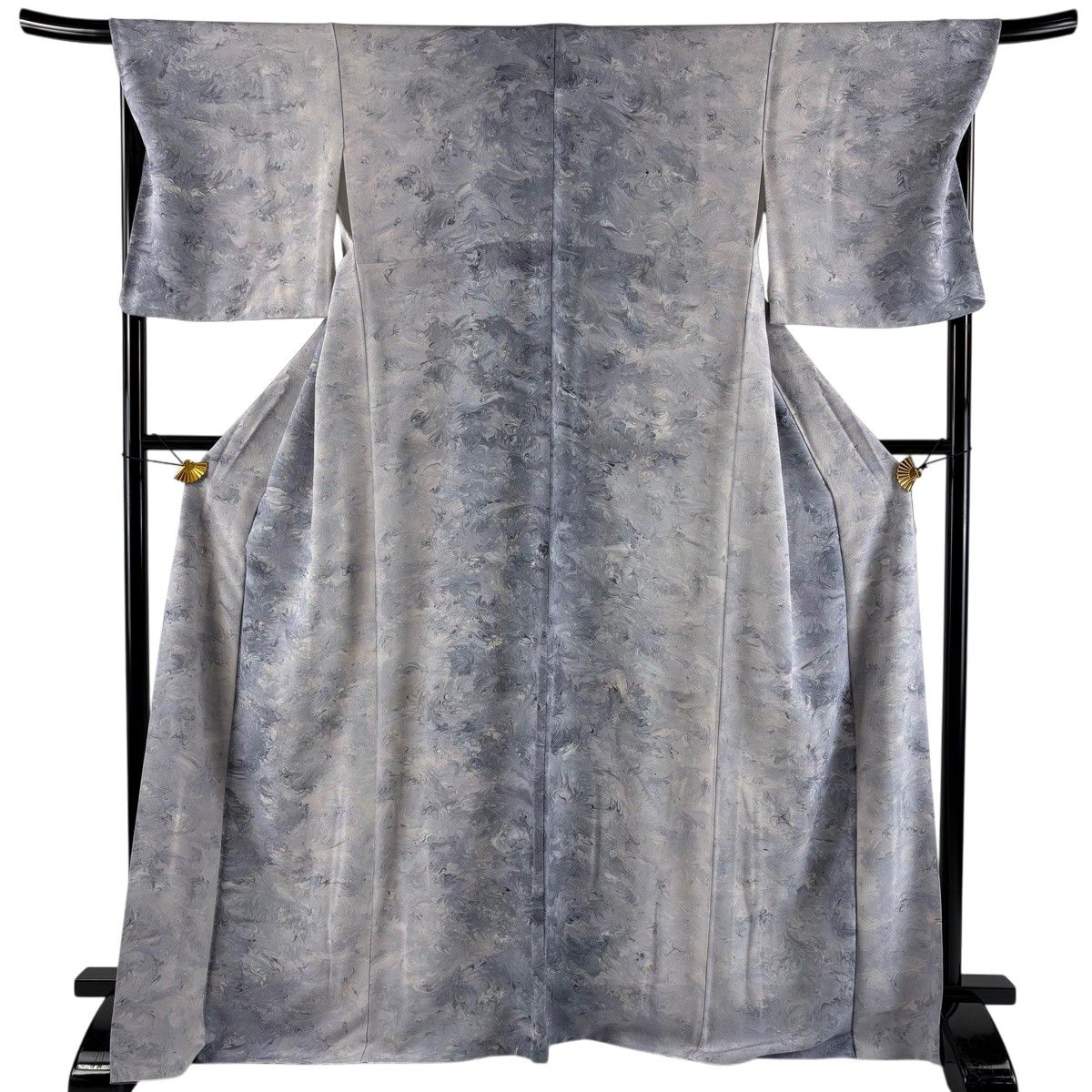 【美品】 小紋 身丈168cm 裄丈69.5cm L 袷 墨流し 青灰色 正絹 名品 【中古】