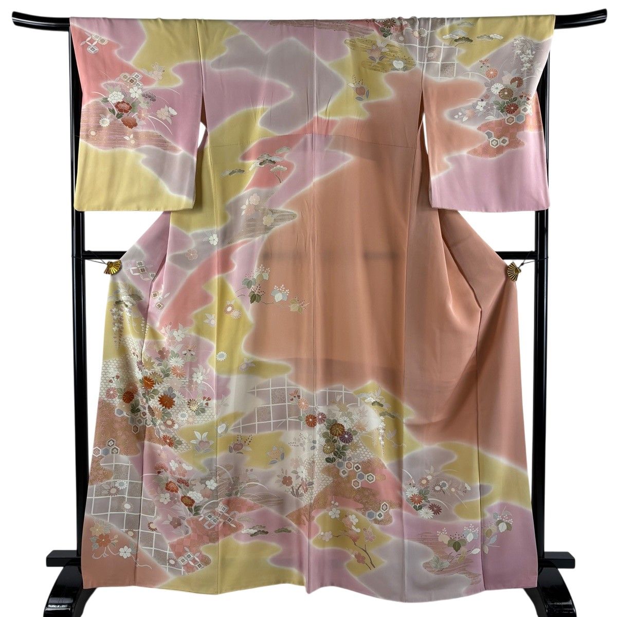 訪問着 身丈165cm 裄丈68cm L 袷 草花 霞 金糸 金彩 ピンク 正絹 名品 【中古】 9,660円