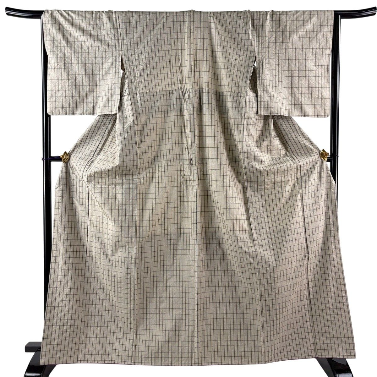 紬 身丈166cm 裄丈66cm M 袷 背抜き 格子 縞 灰茶 正絹 名品 【中古】