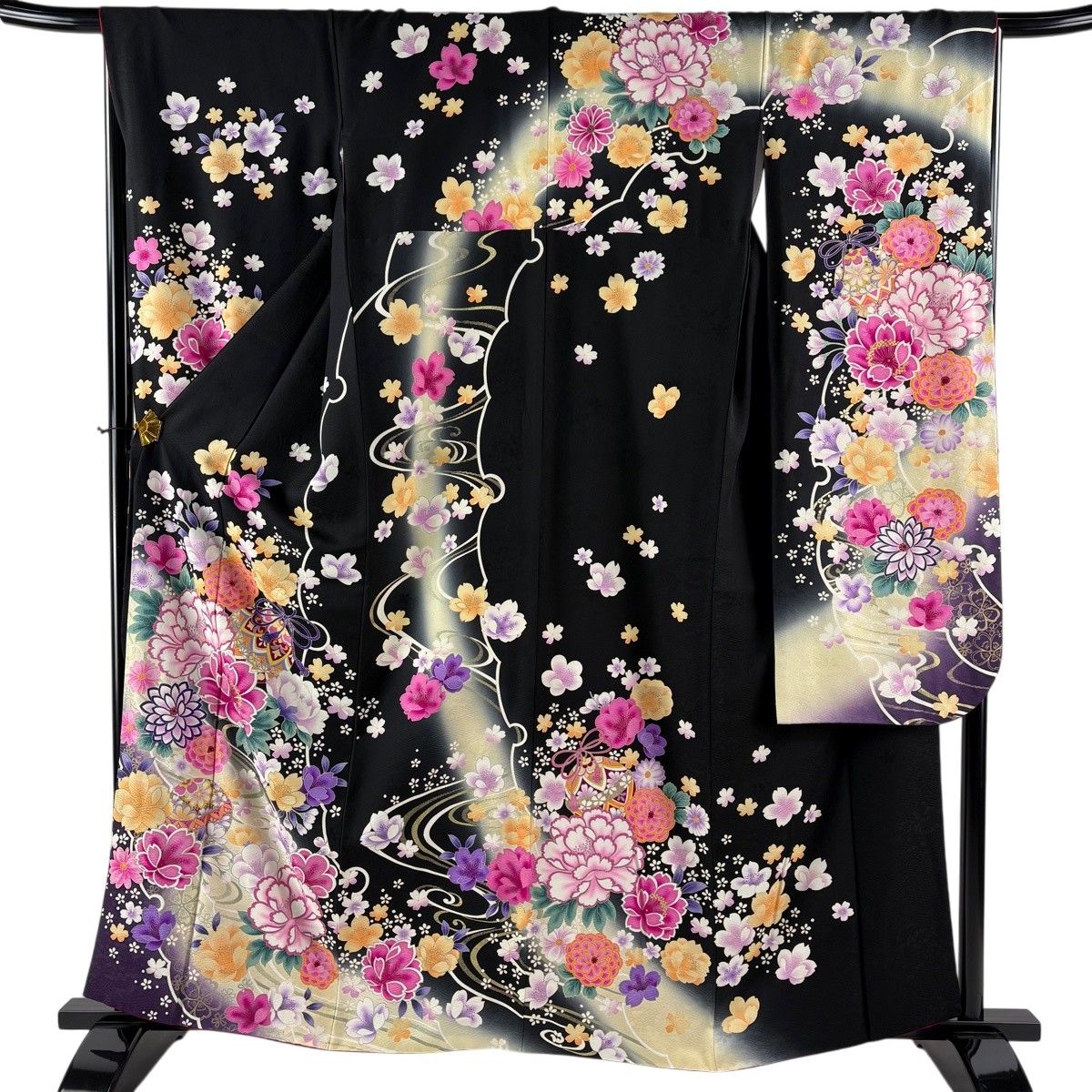 【美品】 振袖 身丈161.5cm 裄丈66.5cm M 袷 牡丹 鈴 金銀彩 ぼかし 黒 正絹 名品 【中古】