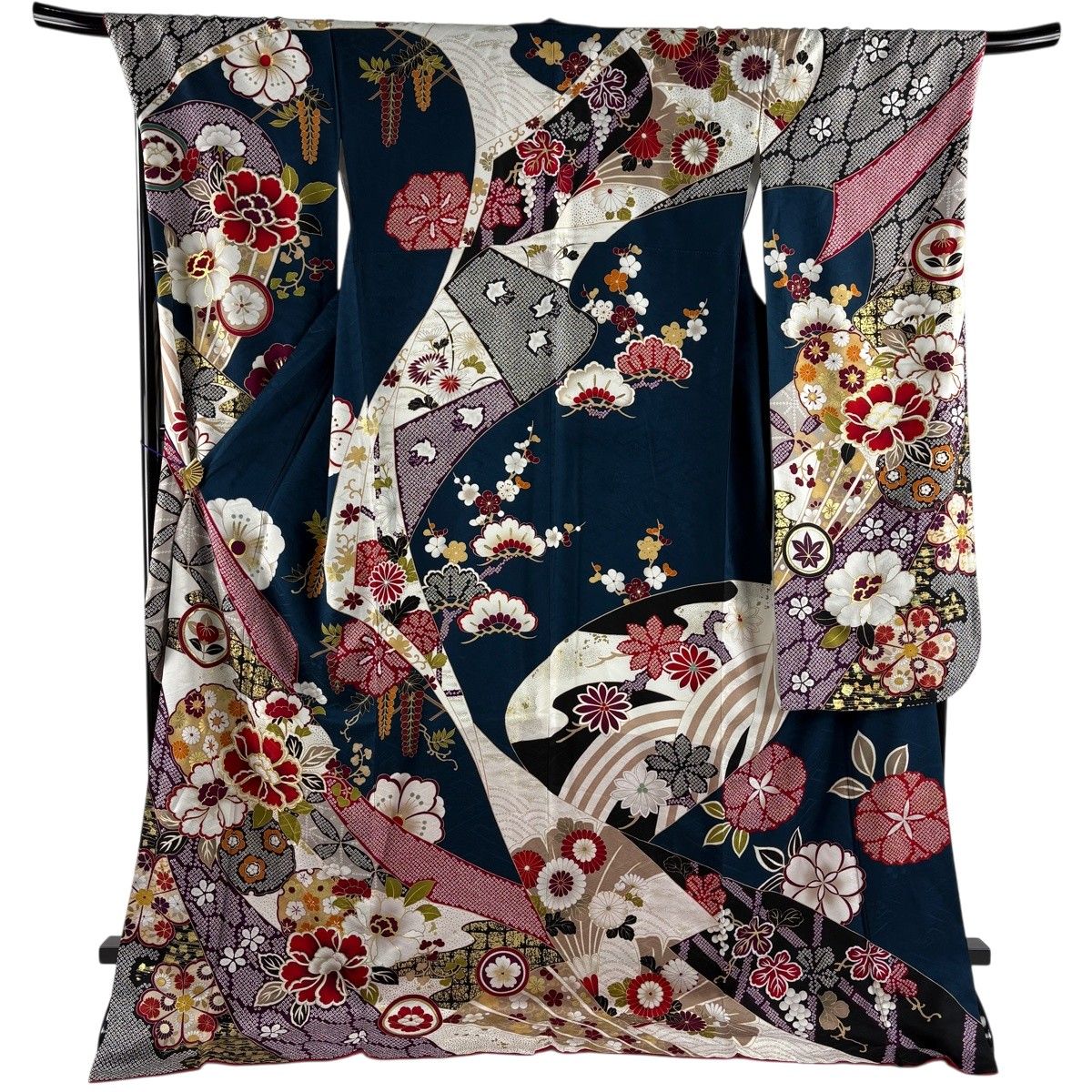 【美品】 振袖 身丈180cm 裄丈71.5cm L 袷 雪輪 牡丹 金糸 金彩 藍色 正絹 名品 【中古】