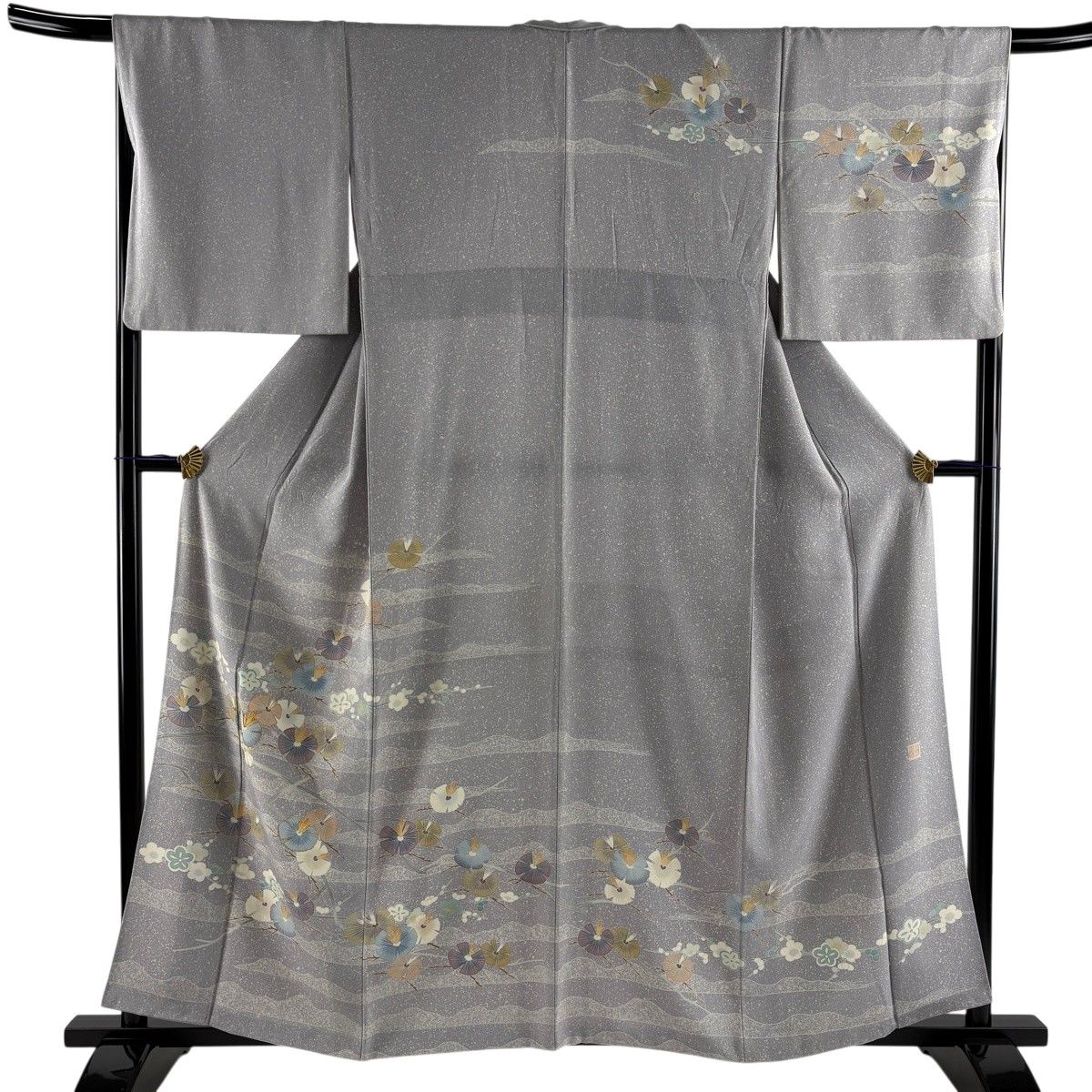 訪問着 身丈157.5cm 裄丈68cm L 袷 落款 松 梅 金糸 灰紫 正絹 名品 【中古】
