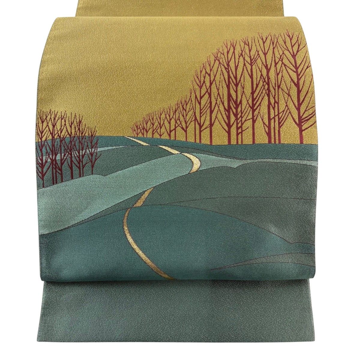 【美品】 袋帯 秀品 風景 樹木 箔 灰緑 お太鼓柄 正絹 【中古】
