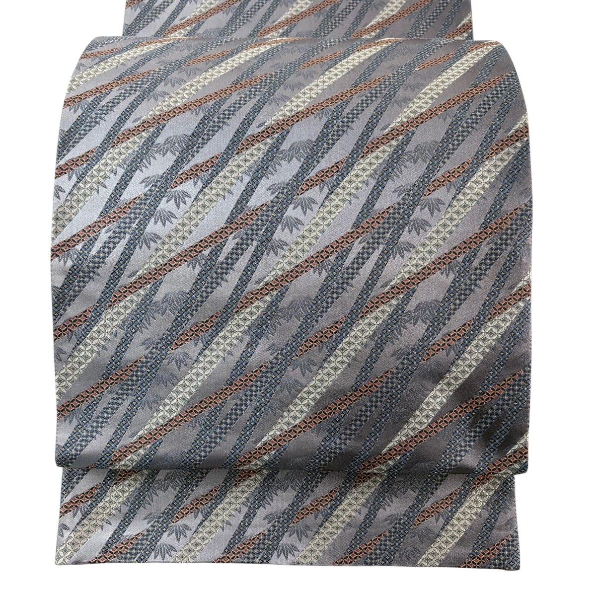 【美品】 袋帯 秀品 七宝 笹 金糸 灰色 全通 正絹 【中古】