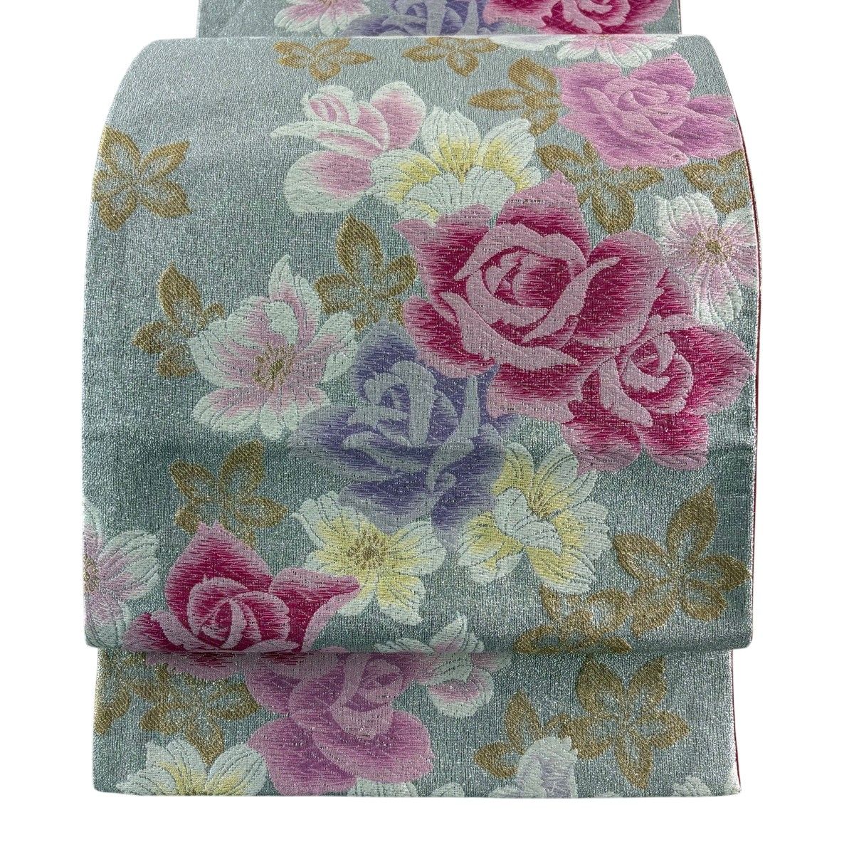 【美品】 袋帯 秀品 薔薇 花 唐織 箔 銀色 六通 正絹 【中古】 6,600円