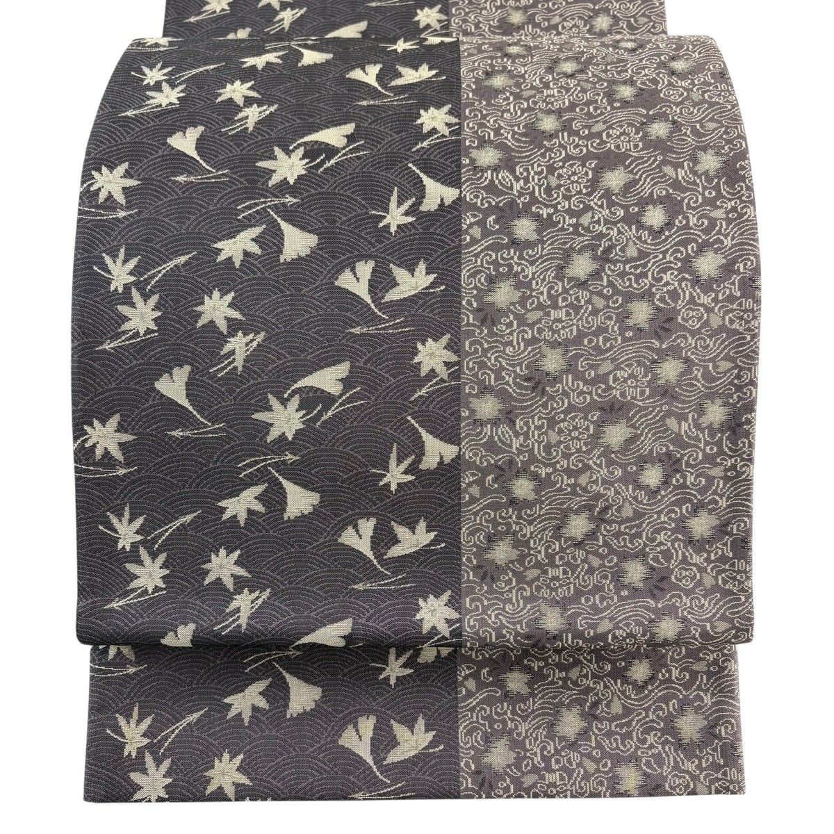 【美品】 袋帯 秀品 落款 菱屋六右ヱ門 銀杏 波 灰紫 全通 正絹 【中古】
