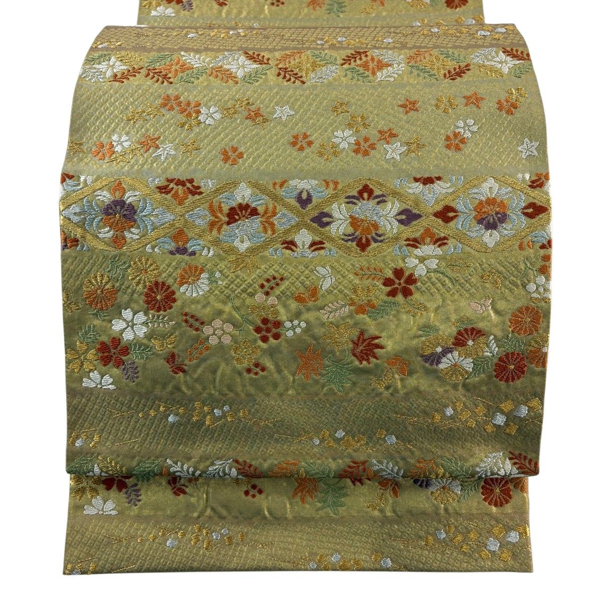 【美品】 袋帯 秀品 横段 草花 金銀糸 箔 茶緑色 六通 正絹 【中古】
