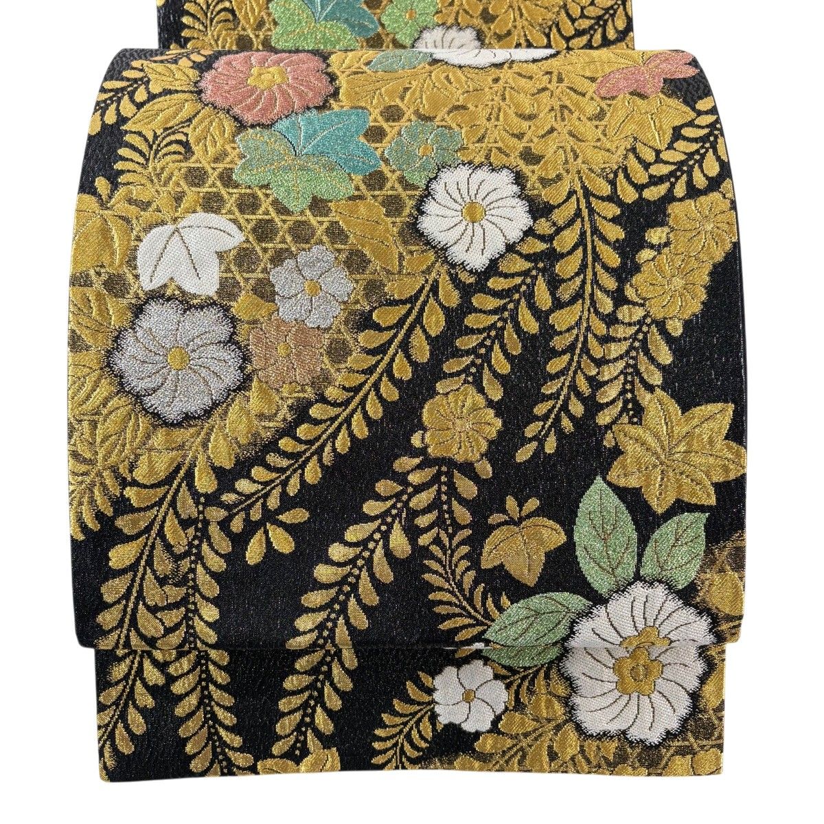【美品】 袋帯 秀品 振袖向き 王朝辻が花 籠目 箔 黒 六通 正絹 【中古】
