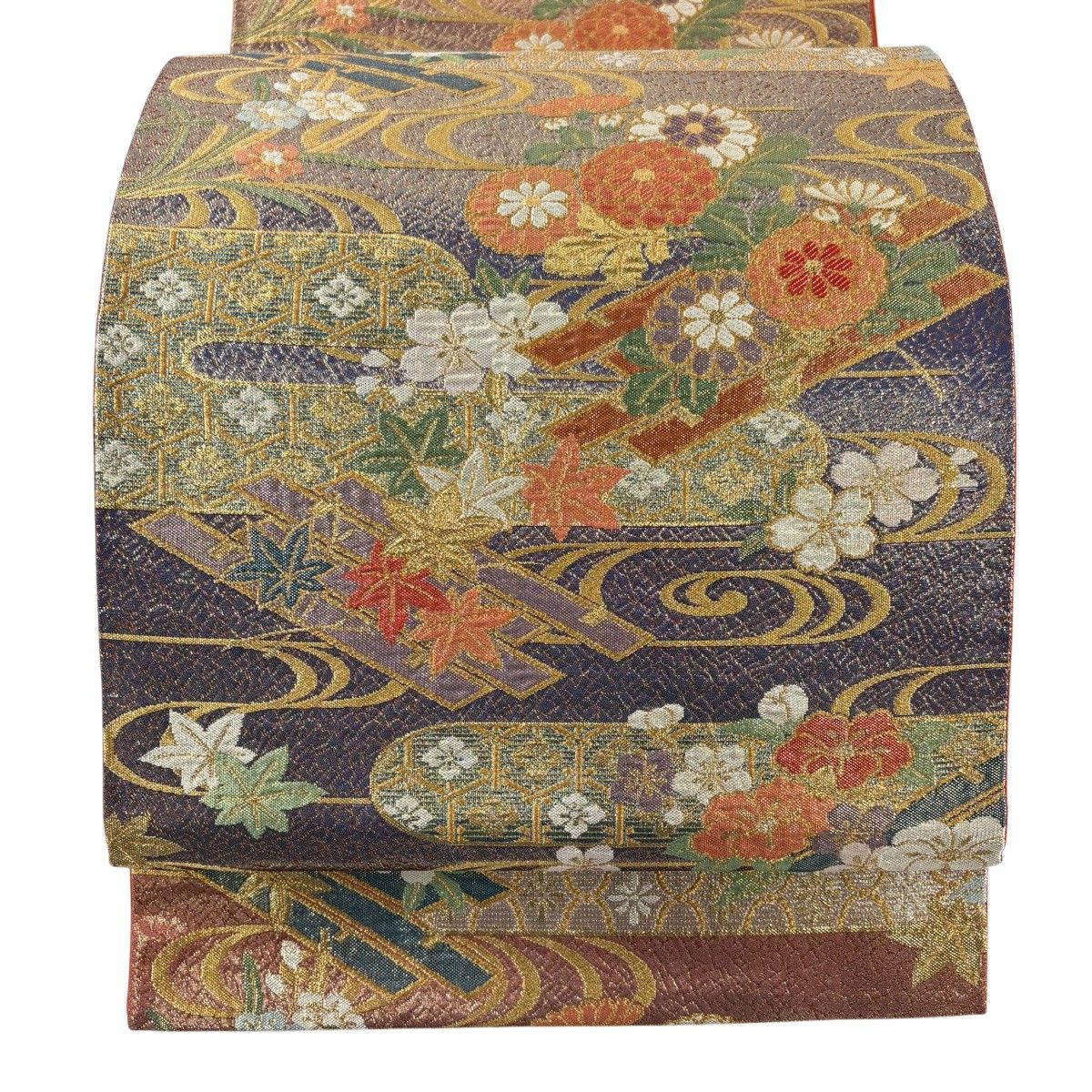 【美品】 袋帯 秀品 花筏 ヱ霞 箔 金糸 青紫 六通 正絹 【中古】 6,600円