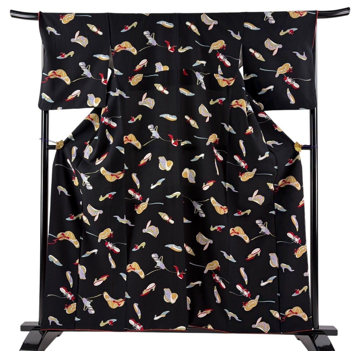【美品】 小紋 身丈159cm 裄丈67cm M 袷 靴 帽子 縮緬 黒 正絹 逸品 【中古】