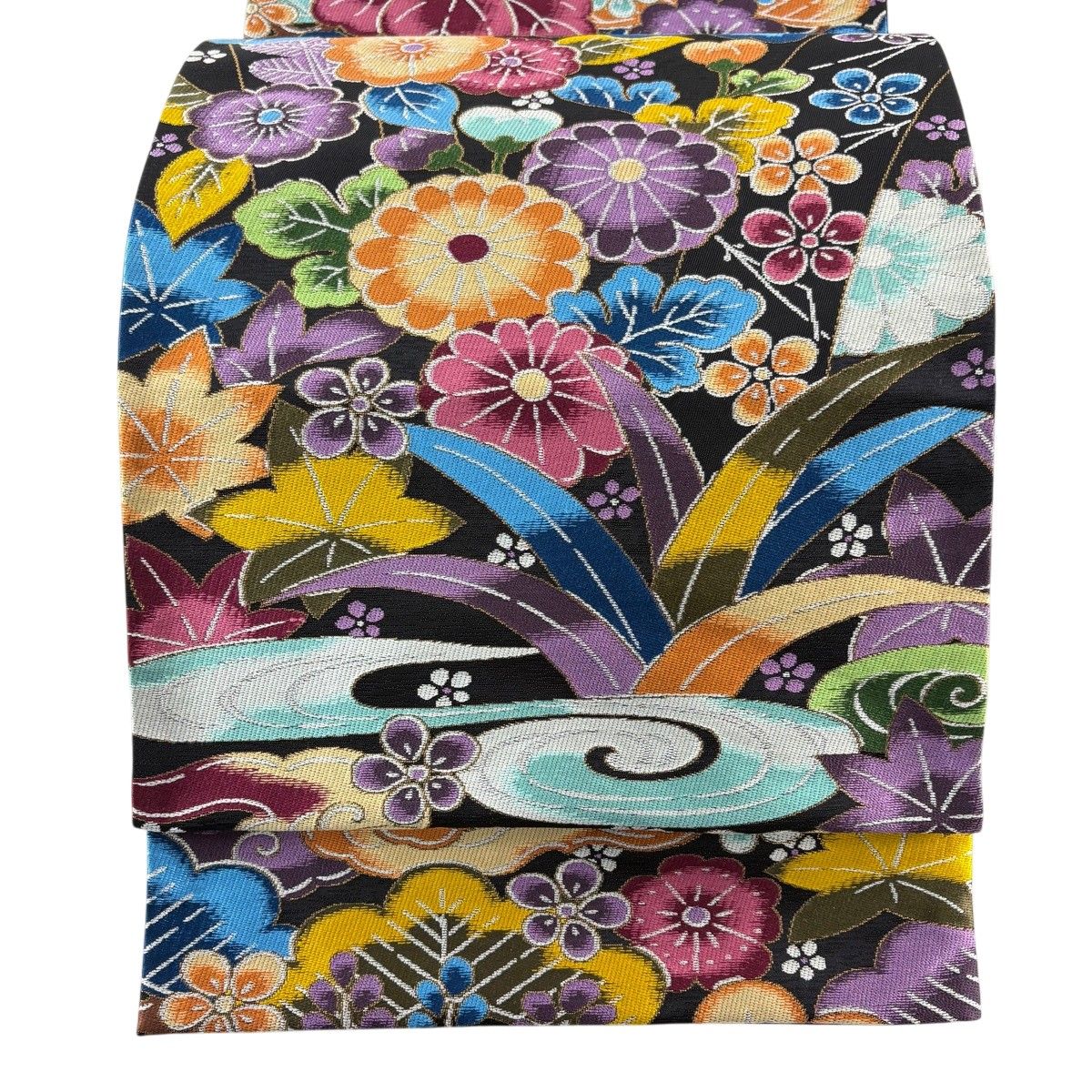【美品】 袋帯 逸品 白綾苑大庭 落款 草花 流水 金糸 箔 黒 六通 正絹 【中古】