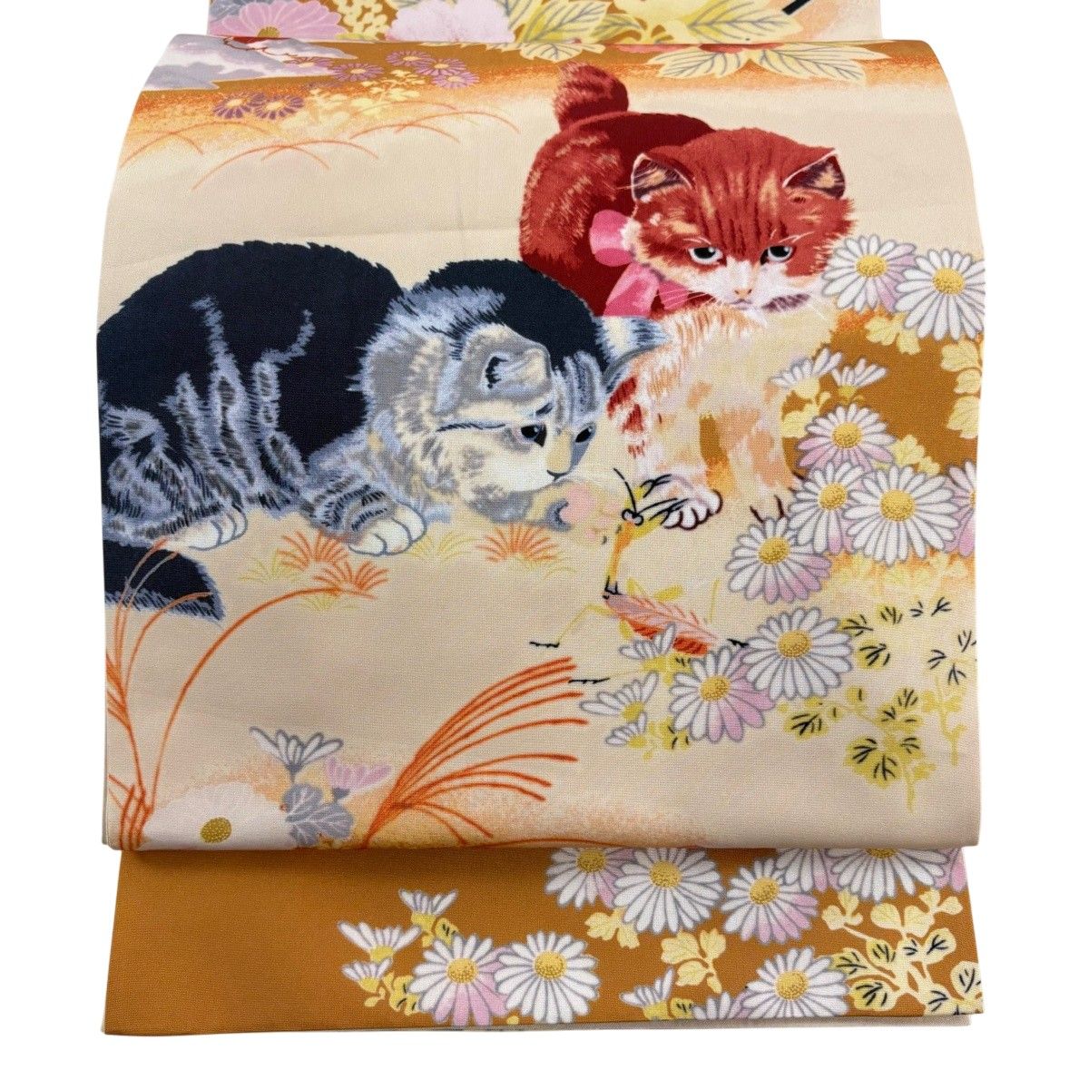 袋名古屋帯 逸品 猫とカマキリ 草花 ぼかし 薄黄土色 正絹 【中古】