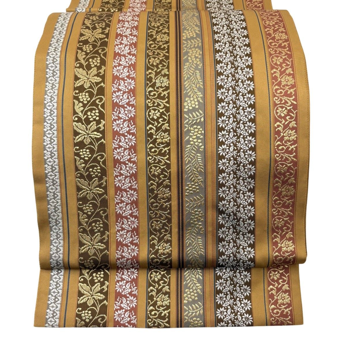 【美品】 袋帯 逸品 縞 草花 金糸 黄土色 全通 正絹 【中古】