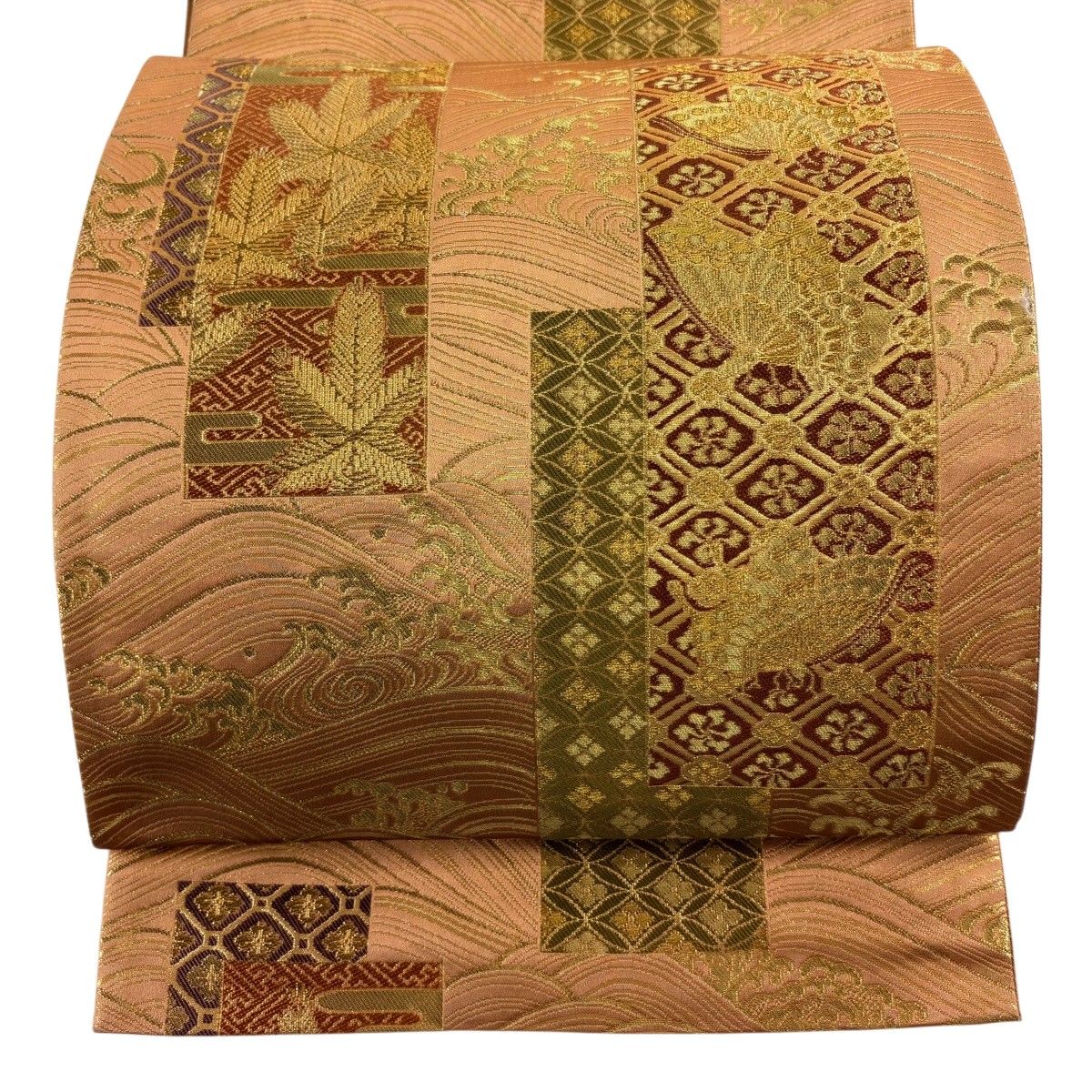 【美品】 袋帯 名品 落款 本家加納 短冊 波 金糸 箔 薄オレンジ 六通 正絹 【中古】
