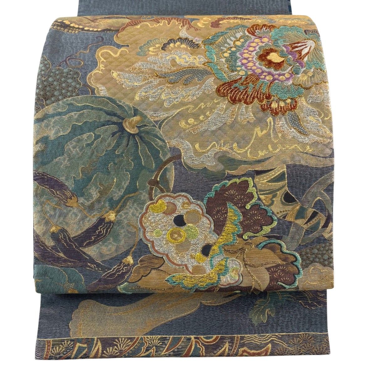 【美品】 袋帯 名品 落款 土の精 花 野菜 金糸 箔 青灰色 お太鼓柄 正絹 【中古】