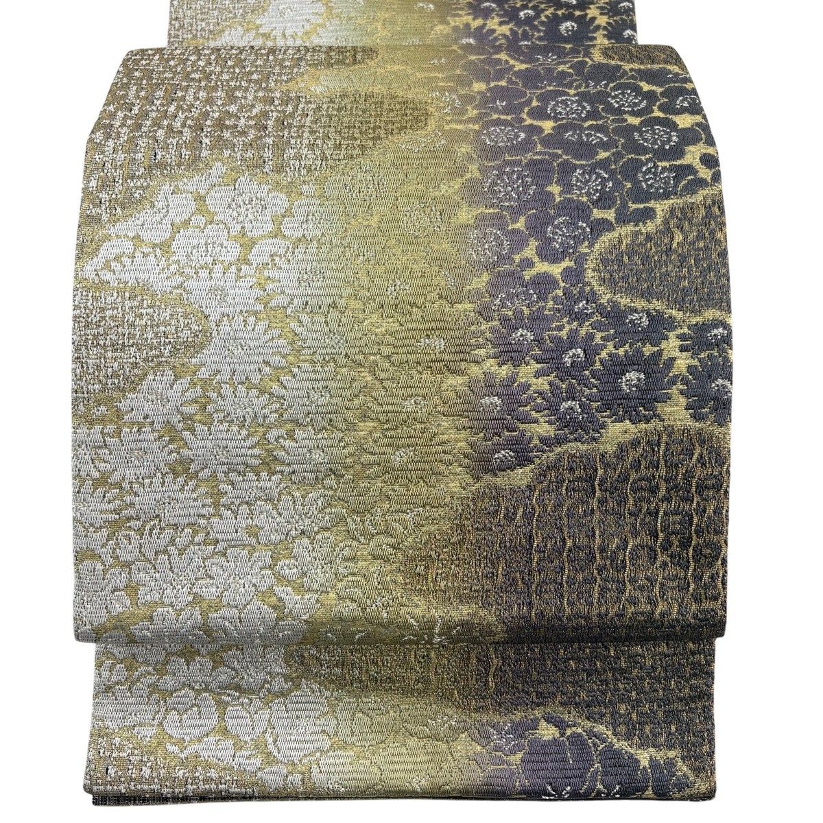 【美品】 袋帯 名品 本泥染 花 雲文 金糸 箔 濃紫 六通 正絹 【中古】
