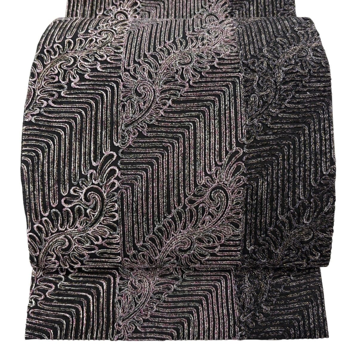 【美品】 袋帯 名品 無月 唐草 幾何学模様 箔 灰紫 全通 正絹 【中古】