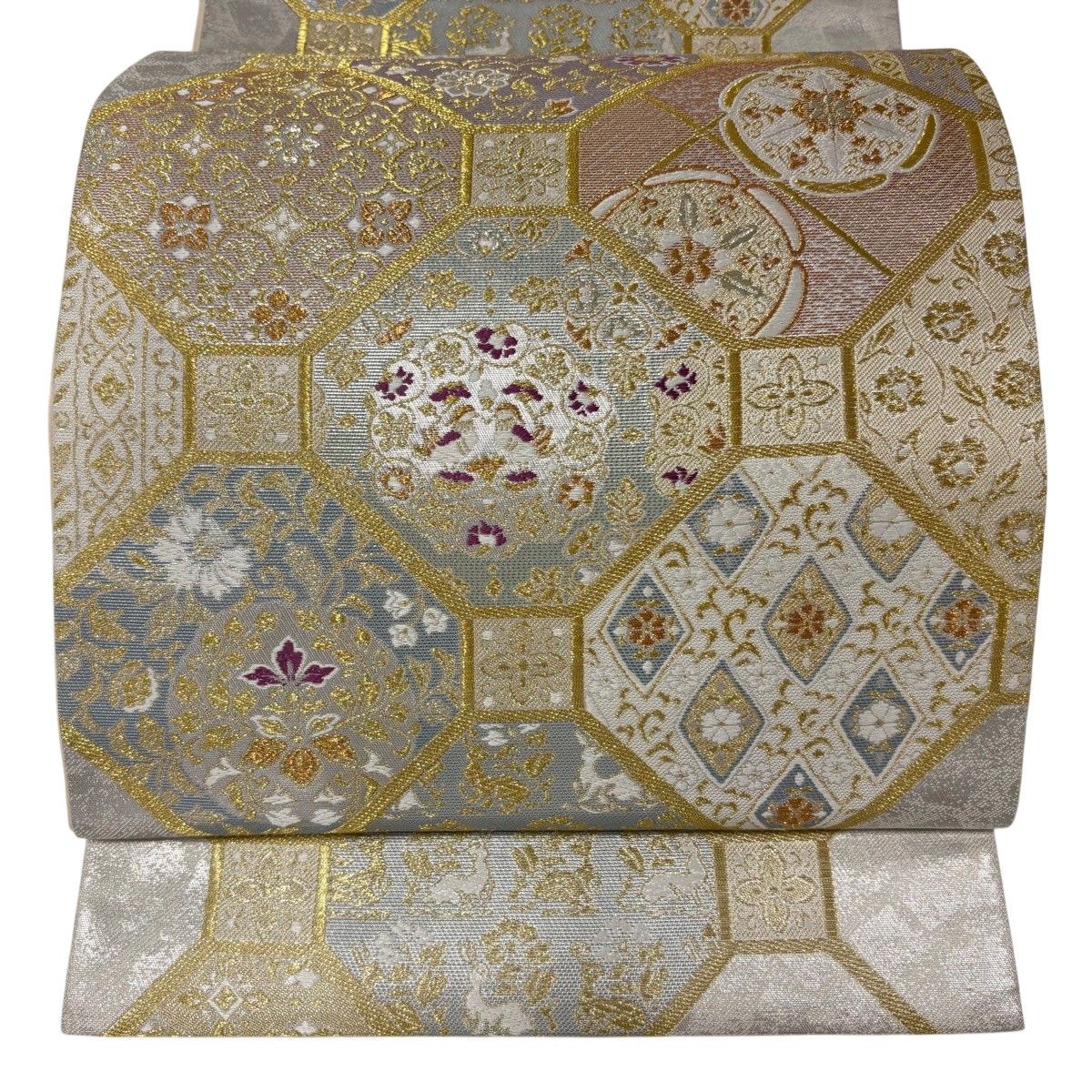 【美品】 袋帯 名品 貝紫染 正倉院名物裂 蜀江文 金糸 箔 銀色 六通 正絹 【中古】