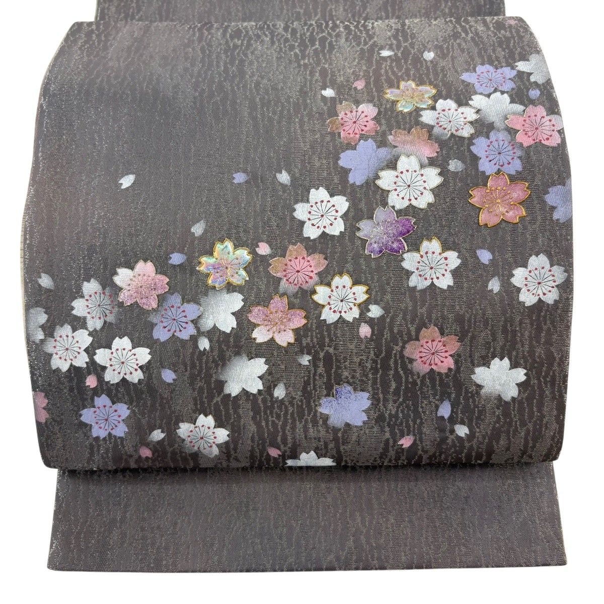 袋帯 名品 桜 花びら 金彩 銀糸 灰色 お太鼓柄 正絹 【中古】