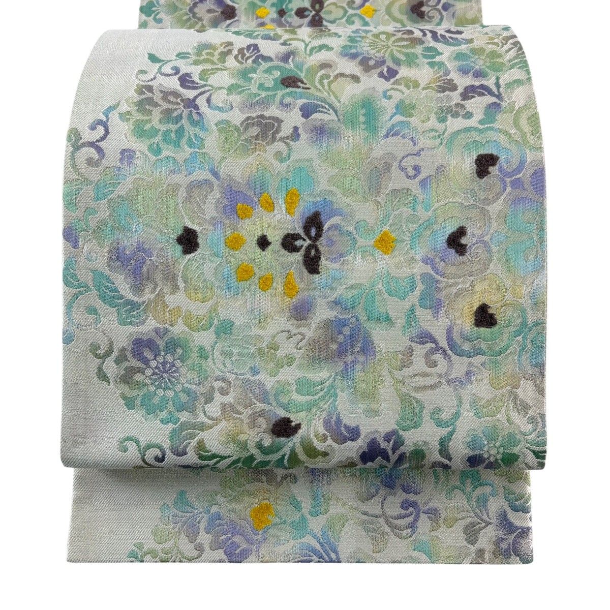 【美品】 袋帯 名品 花唐草 金通し 箔 灰白 六通 正絹 【中古】