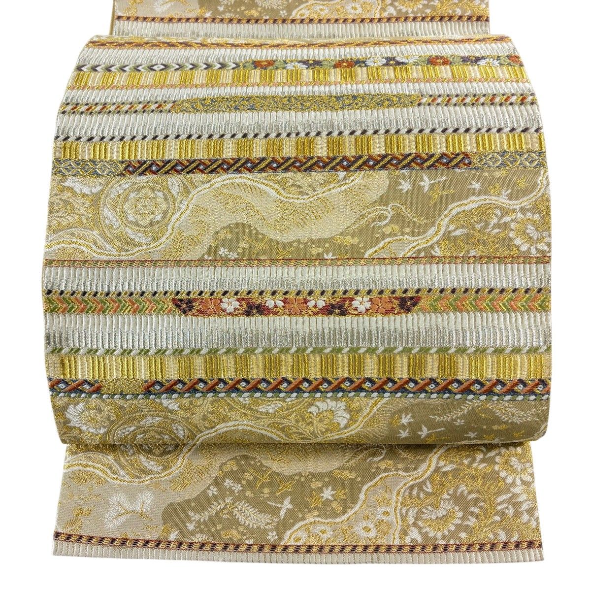 【美品】 袋帯 名品 紹巴織 草花 段縞 金銀糸 ベージュ 六通 正絹 【中古】 11,060円