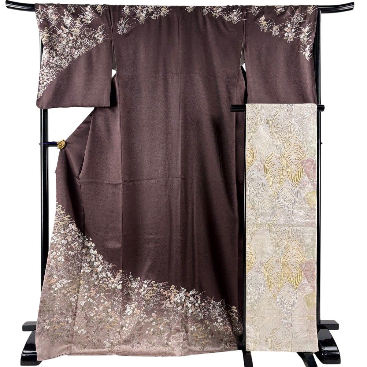 【美品】 訪問着 身丈172cm 裄丈68cm L 袷 袋帯セット 秋草 刺繍 金糸 焦茶色 正絹 秀品 【中古】