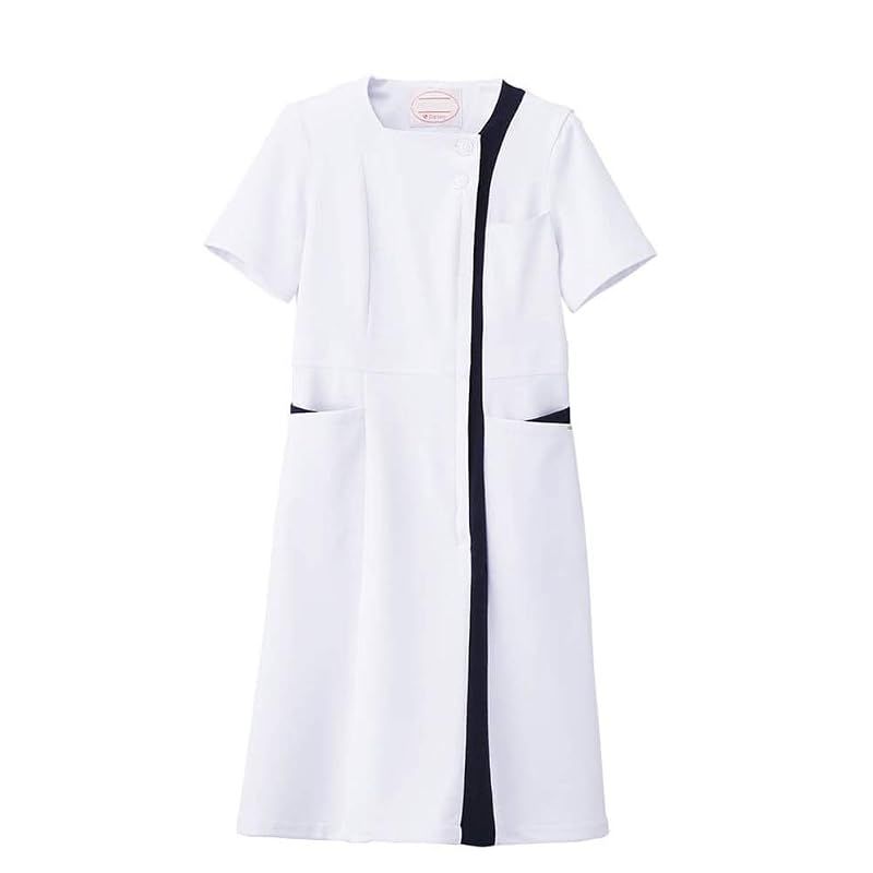 【新品】 ナースリー スクエアカラーワンピース ナース 看護師用 女性用 白衣 エステ 美容 受付 制服 透けにくい S ホワイト×ネイビー(ホワイトベース) 9310104A