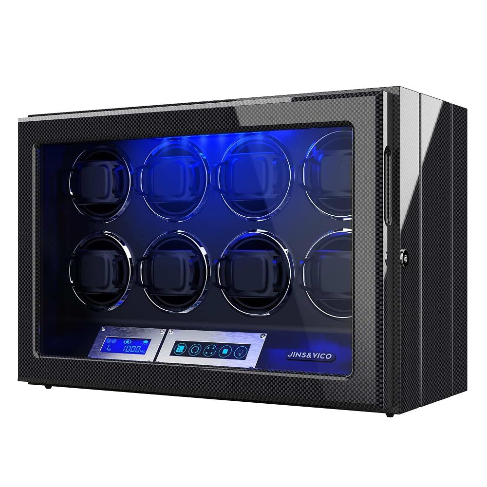 ワインディングマシーン 8本巻き上げ ウォッチワインダー 静音設計 LCDタッチスクリーン LEDライト付き (炭素繊維)