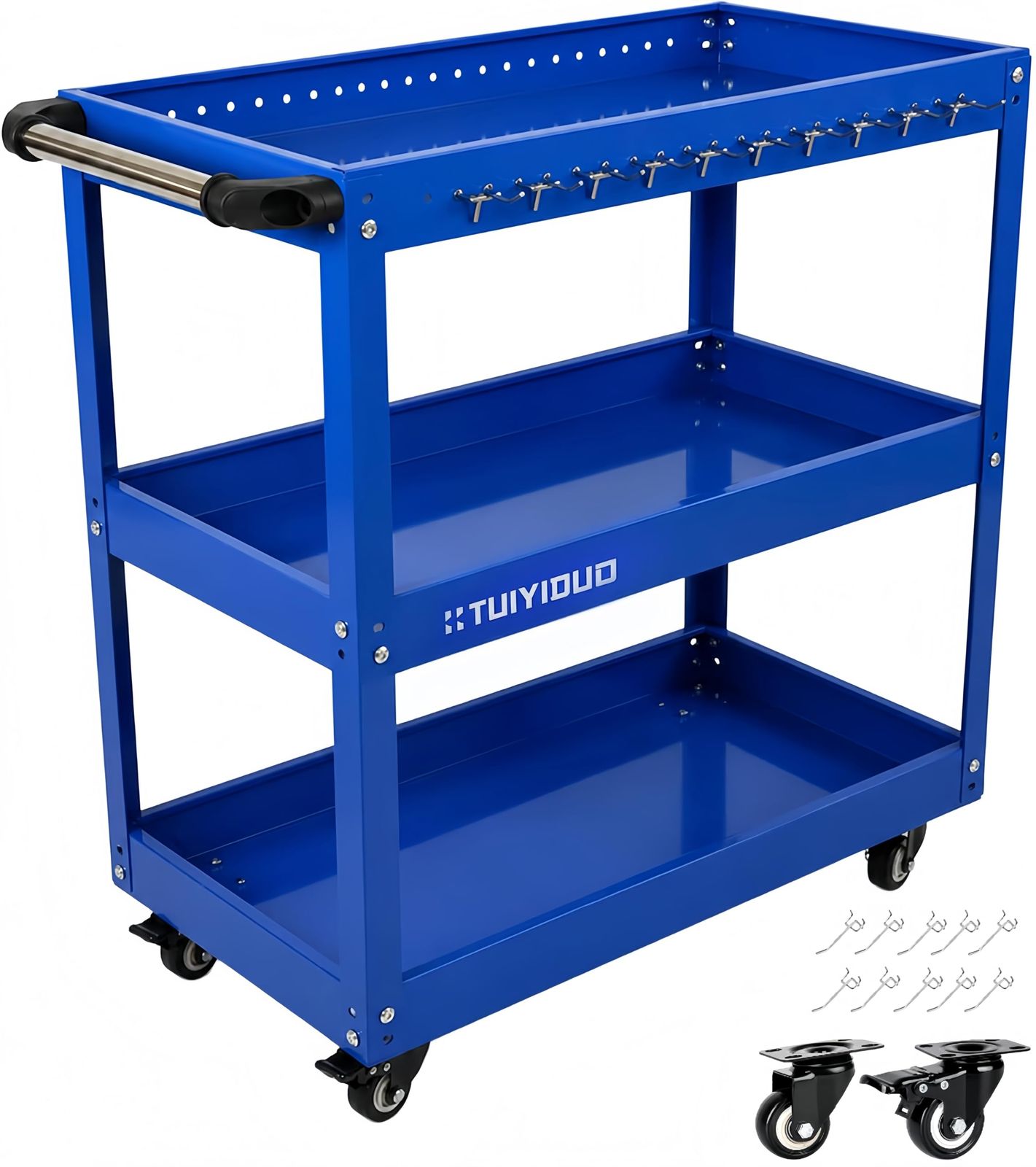 三段 【耐荷重200kg】合金鋼 フック付き ツールワゴン ツールカート ワゴン キャスター付き | 工具ワゴン 工具箱 ツールボックス キャスター付き DIY ガレージ 工具台車 工具収納 運搬 厚み 作業 ガレージ 倉庫 修理工場用 ツー 06d33487