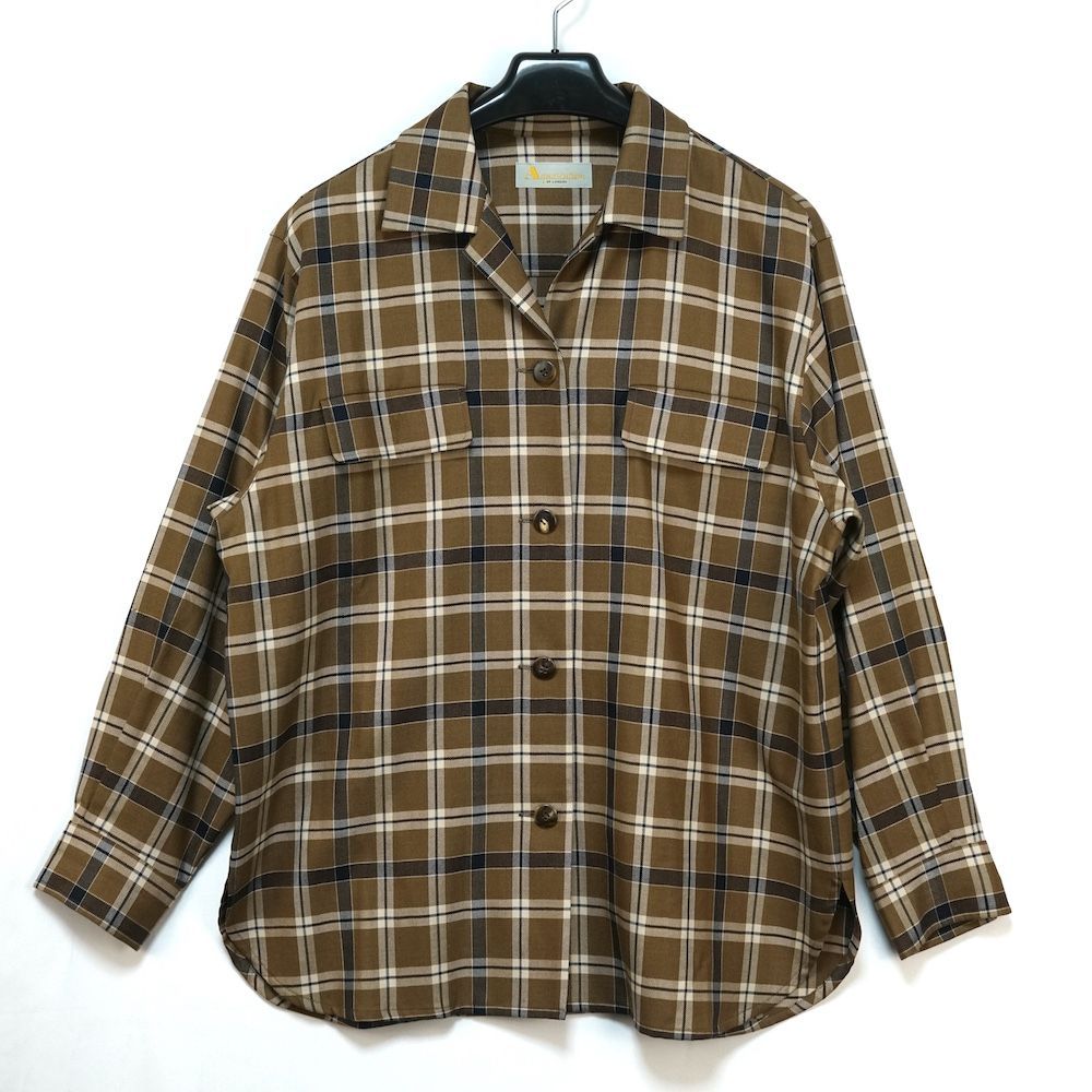 Aquascutum OF LONDON アクアスキュータム ウール シルク チェック シャツ 長袖 ブラウン サイズ9 D-TK 1200