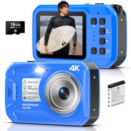 水中カメラ 4K録画 64MP 5M防水 デジカメ 防水カメラ 自撮り オートフォーカス 16倍デジタルズーム ウェブカメラ コンパクト | 操作簡単 防塵 浮力ボディ設計 デジタルカメラ 16GBマイクロSDカード付き 大容量バッテリー ダ 5d651b64 9,395円