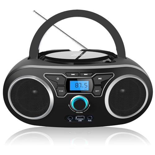 コンパクトポータブルCDプレーヤー ラジカセ, ブルートゥース5.0, FMラジオ, USB/MP3再生, AUX入力, ヘッドホン端子, クリアなサウンド, AC/DC両対応t 6b2fa296