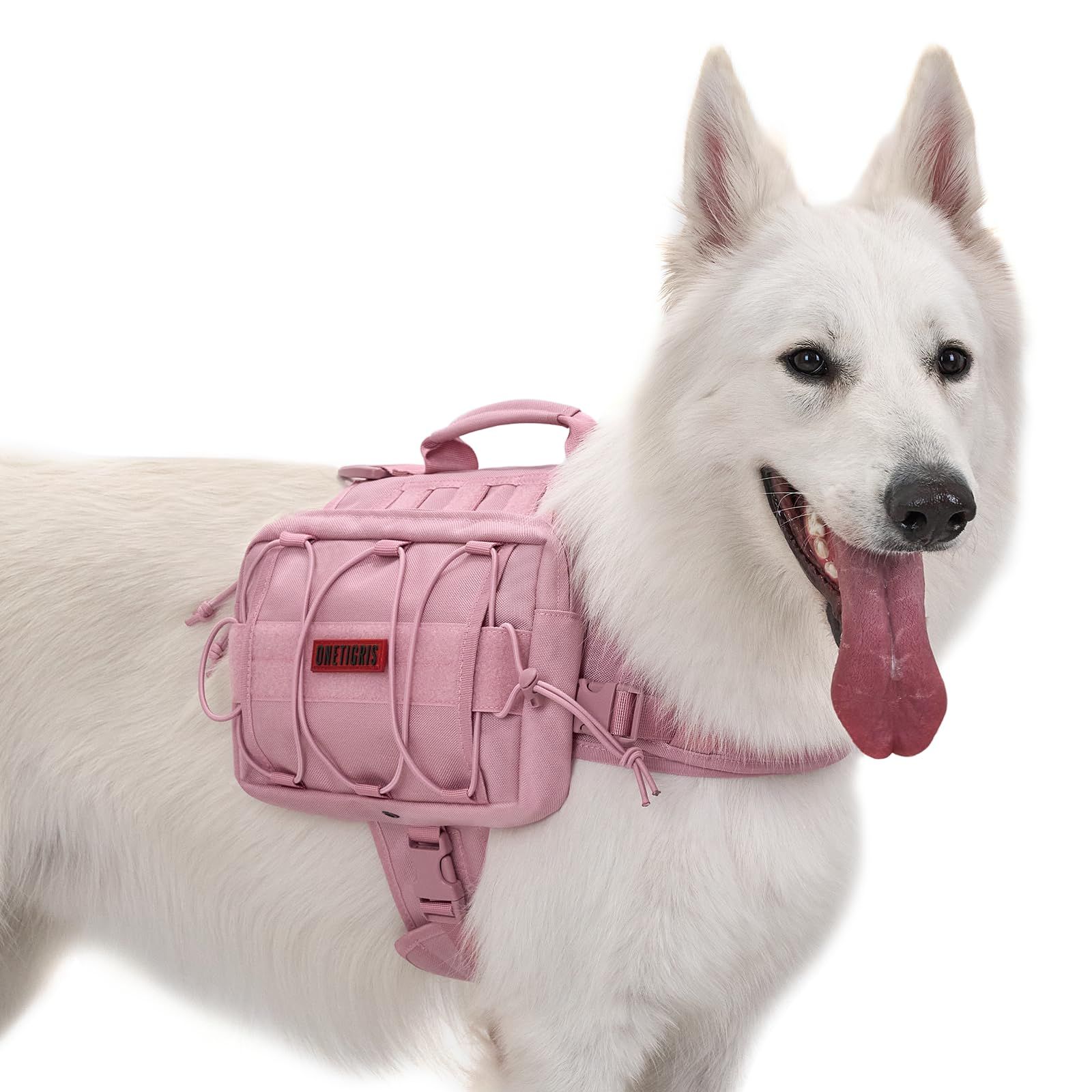 新品 OneTigris 犬 ハーネス 中型犬 大型犬 喉に優しい バックパック一体型ハーネス ハンドルと伸縮性のあるコードが付属 厚手のメッシュ裏地 ペットボトル・傘収納対応 通気性 調節可能 1000Dナイロン製 名前タグを貼り付け可能 圧力分散 (ピンク