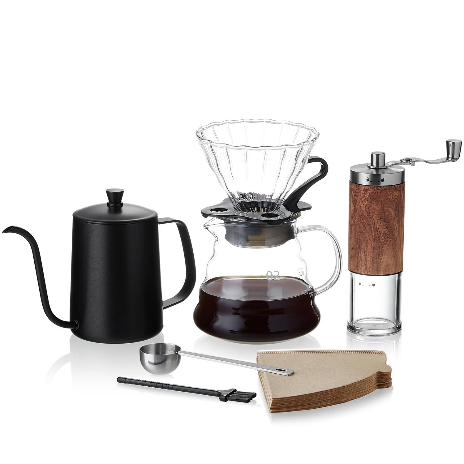 ポカロティー コーヒーセット 手挽きコーヒーミル 手動 計量スプーン コーヒーサーバー ドリッパー ドリップケトル v60 ペーパーフィルター 40枚 ハンドドリップ 6セット コーヒー ドリップ セット 自宅 アウトドア プロ仕様 手淹れコ c4501109