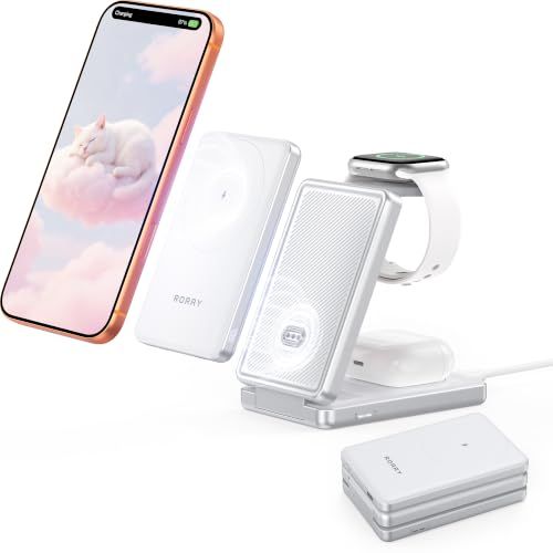 RORRY AuraDock ワイヤレス充電器 4in1【業界初 着脱式搭載 3in1進化 最大20W急速充電】magsafe対応 4台同時充電ステーション 15W/5W マグネット 折りたたみ式 5000mAh iPhone17/16/15 54b28a6d