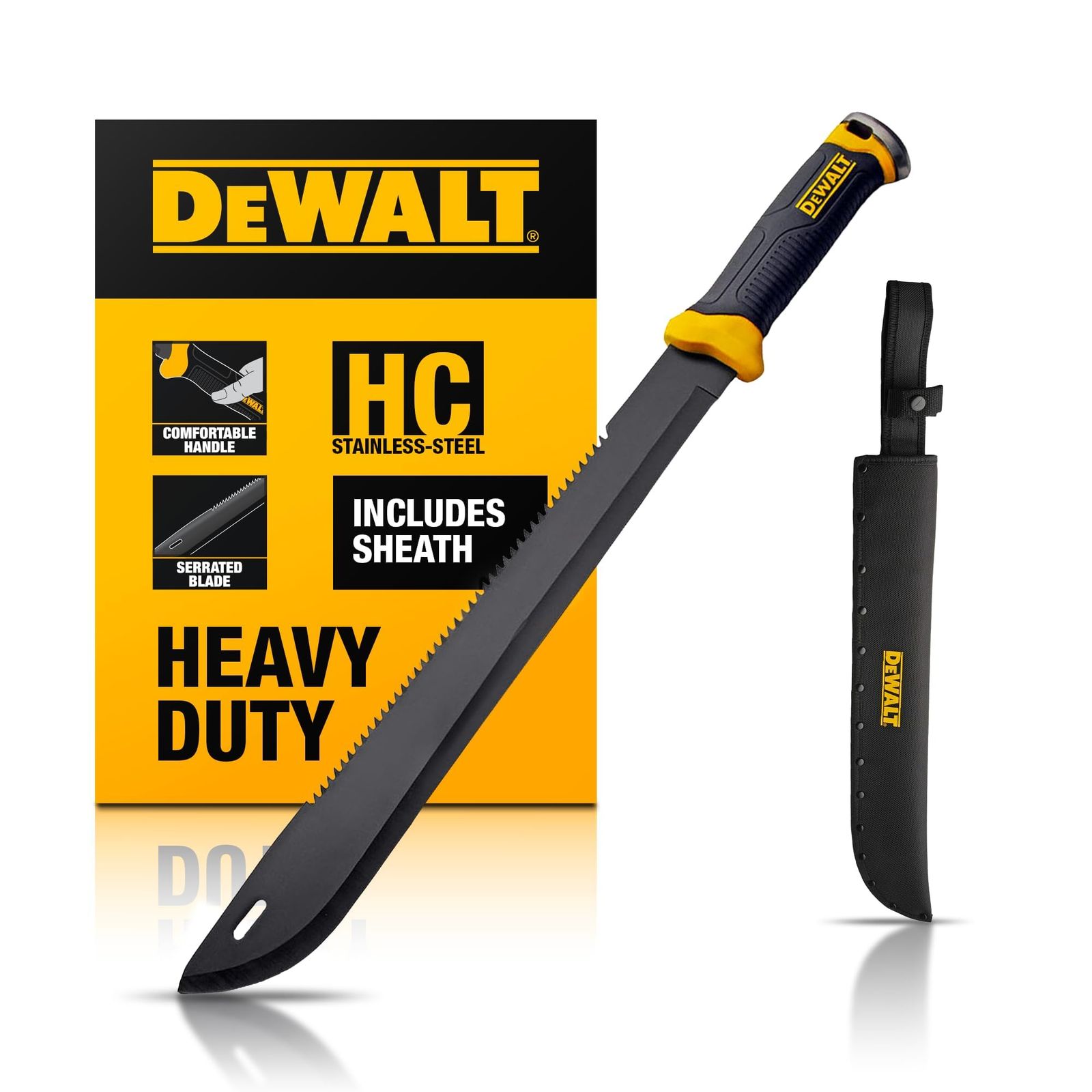 DEWALT 24インチ MA60 フィールドマチェーテ - フルタングステンレススチールブレード ソーバック構造 & ノンスリップTPRハンドル ナイロンシース付き ブラシ掃除、庭作業、キャンプ&アウトドア用