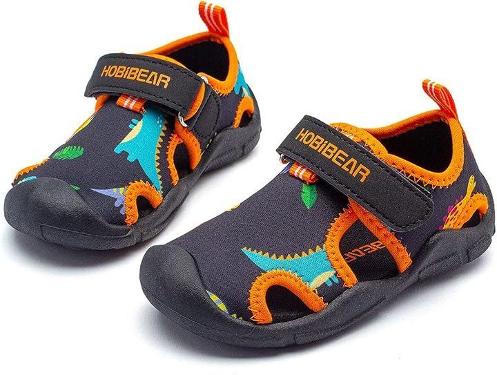 Kumonice Kids Baby Marine Shoes Sandals Beach Water Sports Boys Girls Outdoor Kids Shoes Toe Protection Breathable Flexibility (Black Orange, 19.0 cm)