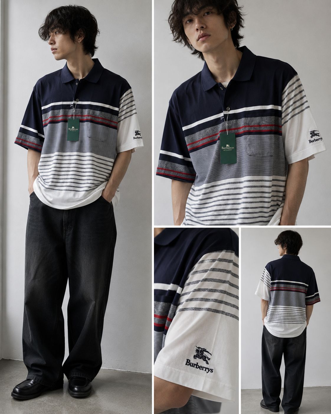 Vintage 90s Burberrys London Polo Shirt Deadstock Tags Striped Navy White LA Japan