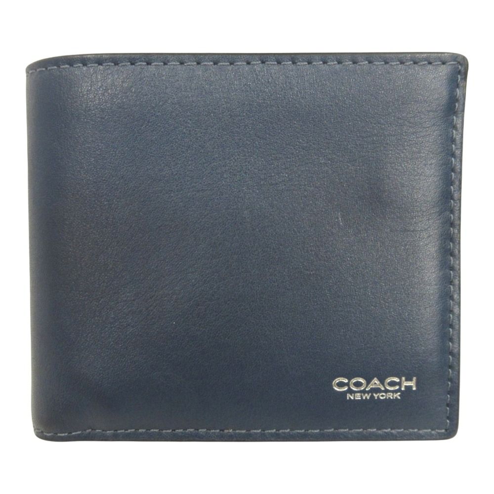 良品 COACH コーチ Slim Billfold Wallet スリム ビルフォールド ウォレット 二つ折り財布 レザー ロゴ ネイビー メンズ 古着 中古 USED