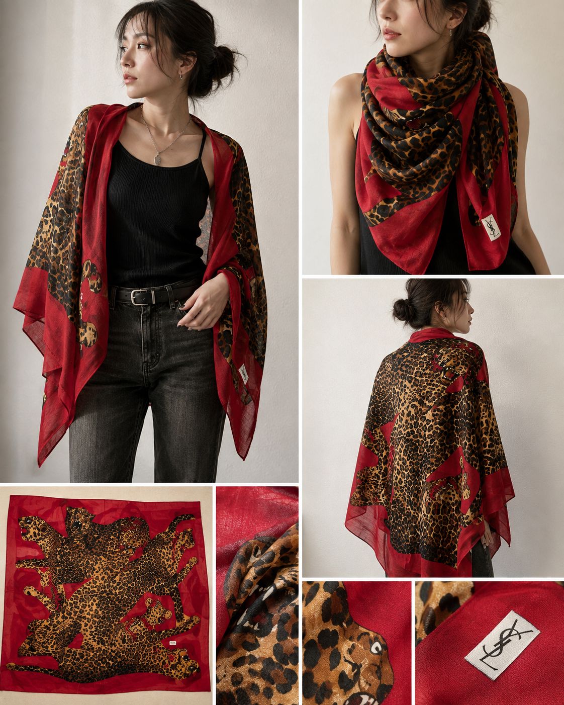 Vintage Yves Saint Laurent YSL Leopard Panther Print Large Scarf 16,660円