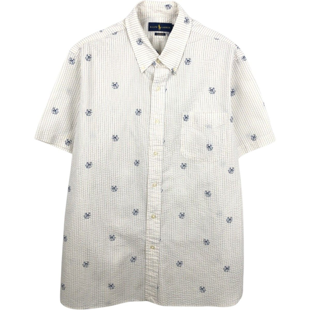 古着 ラルフローレン Ralph Lauren CLASSIC FIT クラシックフィット 総柄 シアサッカー 半袖 ボタンダウン ストライプシャツ/eaa668615
