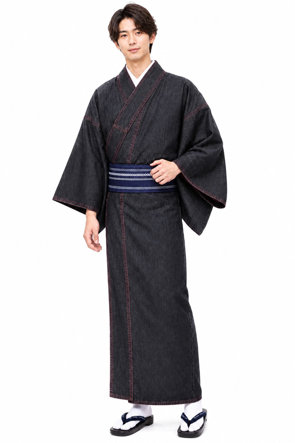 着物 単品 デニム生地 男性用 カジュアル着物 長着 Lサイズ M・Deen 黒 ステッチの色は赤 NO200804-L 6,825円