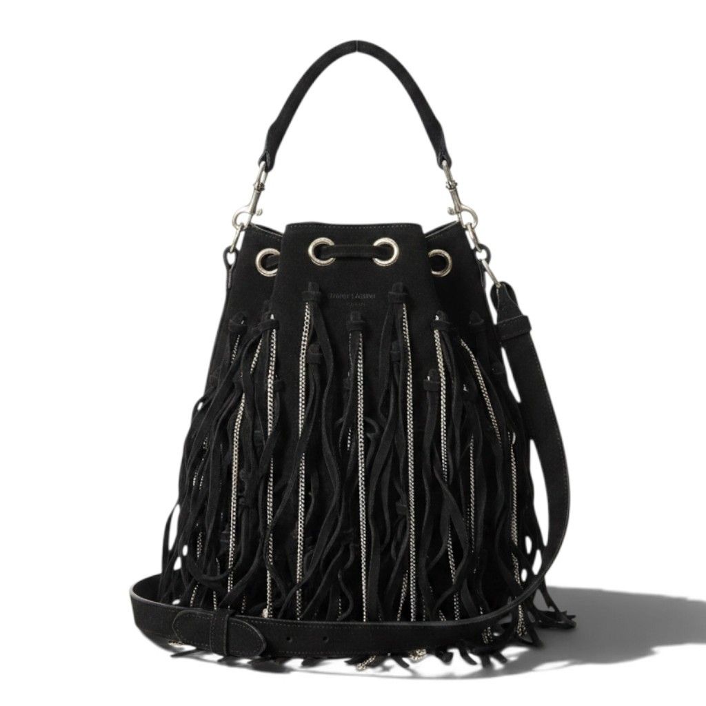 h21 SAINT LAURENT サンローラン フリンジ×チェーン バケットバッグ Fringe × Chain Bucket Shoulder Bag Black Leathert18r