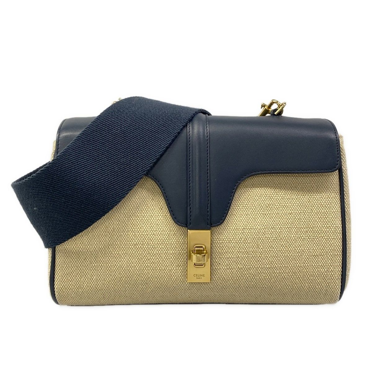 CELINE(セリーヌ) ショルダーバッグ美品 ティーン ソフト16(セーズ) 196852DJ9.01NA ベージュ×ネイビー ストラップ着脱可 レザー