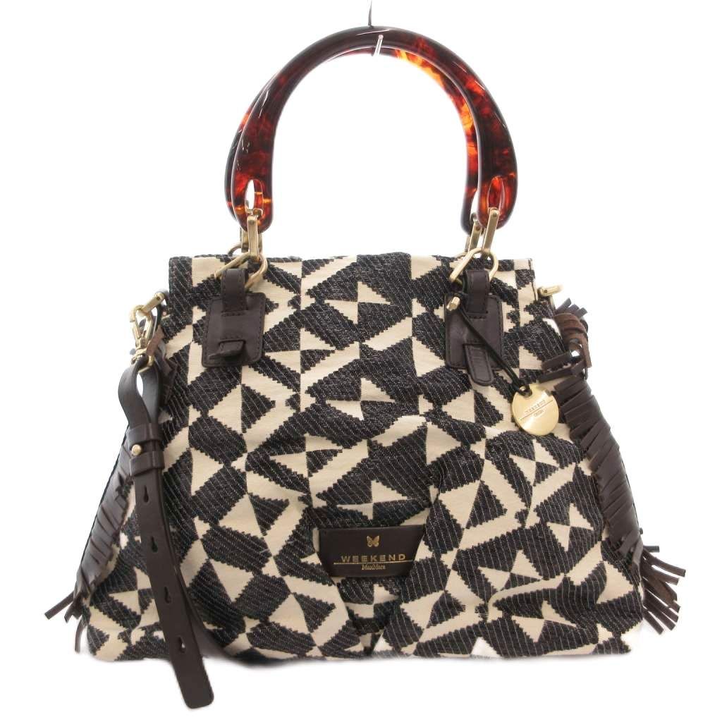 マックスマーラ ウィークエンドライン MAX MARA WEEKEND LINE 2WAY ショルダーバッグ ハンドバッグ 黒 ブラック アイボリー 総柄 ベっ甲風ハンドル レザーフリンジ メタルチャーム /TQ ■IBO100