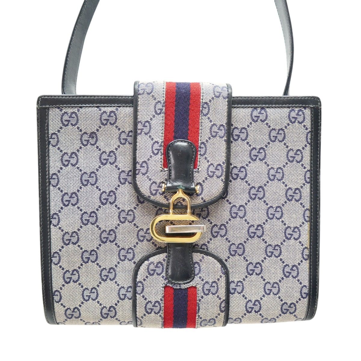 GUCCI オールドグッチ GG/シェリーライン Gロゴ金具 キャンバス/レザ― ショルダーバッグ グレー/ネイビー/レッド M2608-k071