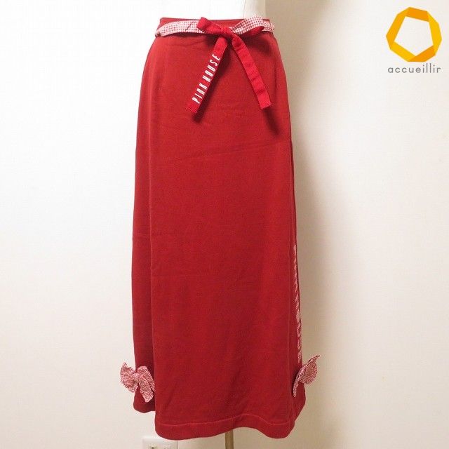 #anc ピンクハウス PINKHOUSE スカート L 赤 ギンガムチェック リボン ロゴ ロング レディース [1017262]
